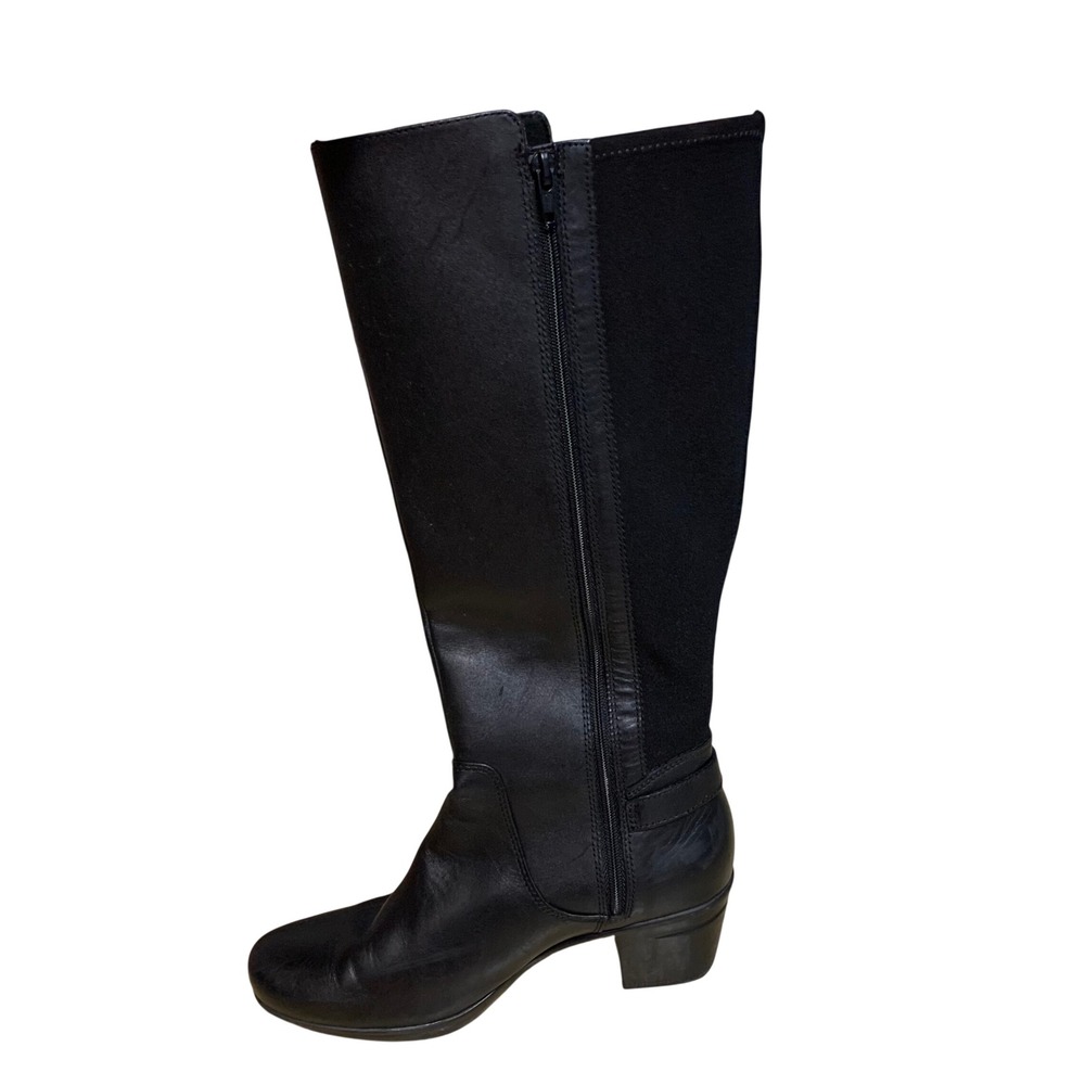 Clarks Tall Black Leather Stretch Back Block Heel Boots Size 9 Winter Classic